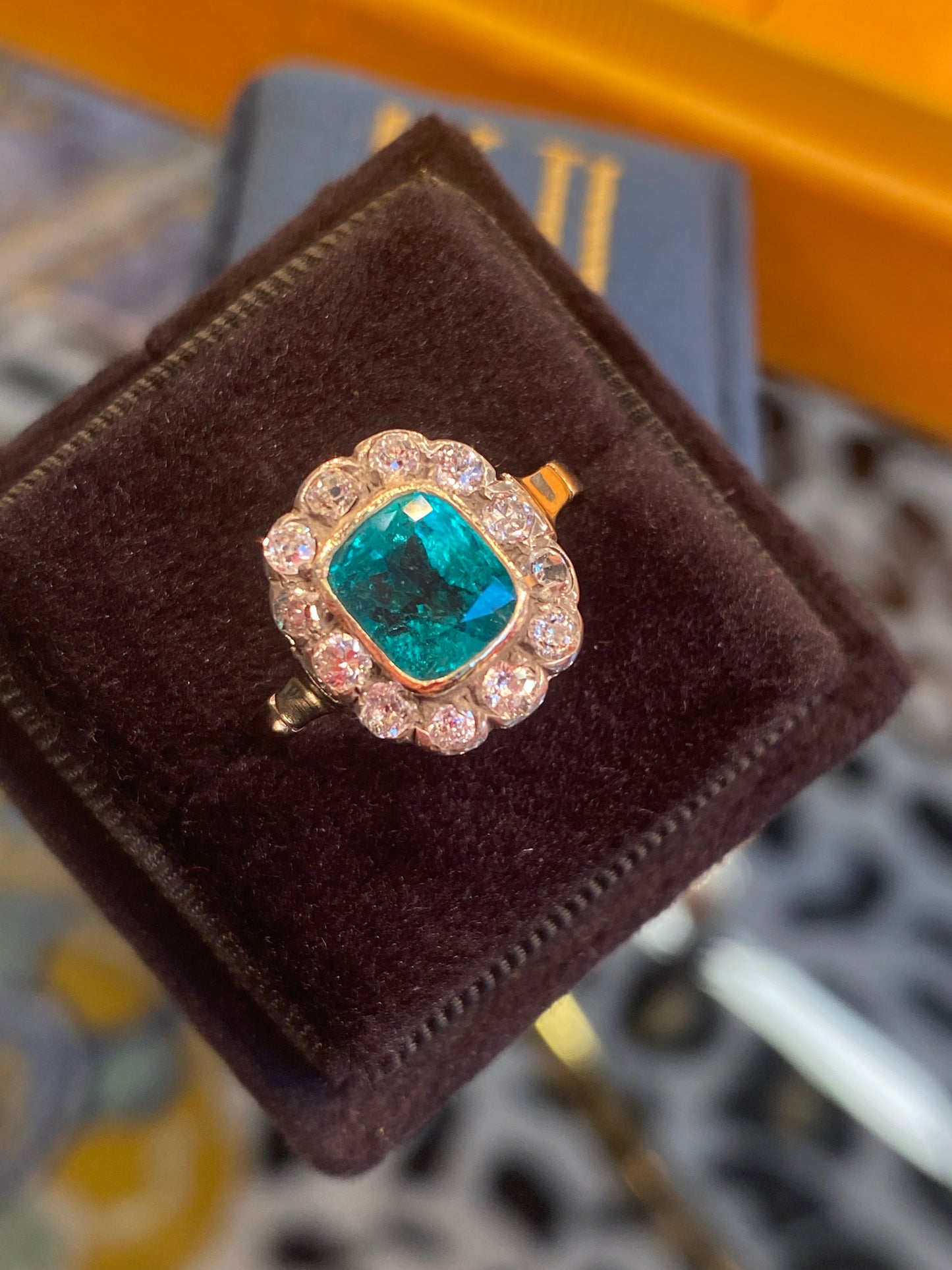 Antique Colombian Emerald and Old Cut Diamond Halo Ring in 18ct Yellow Gold