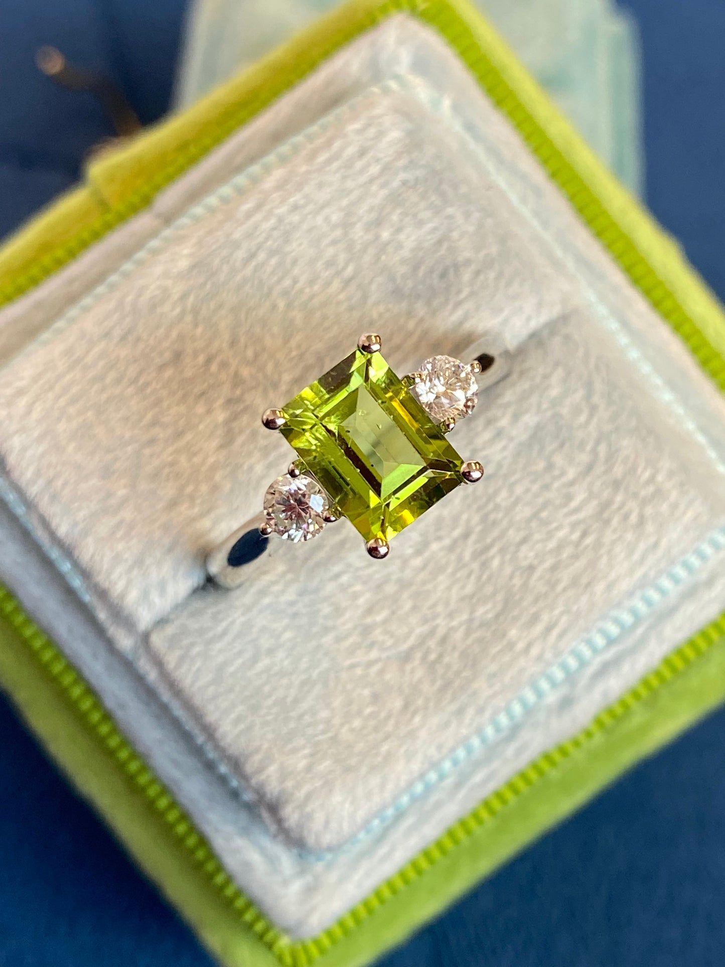 2.06 CTW Carat Peridot and Diamond Three Stone Engagement Ring in Platinum