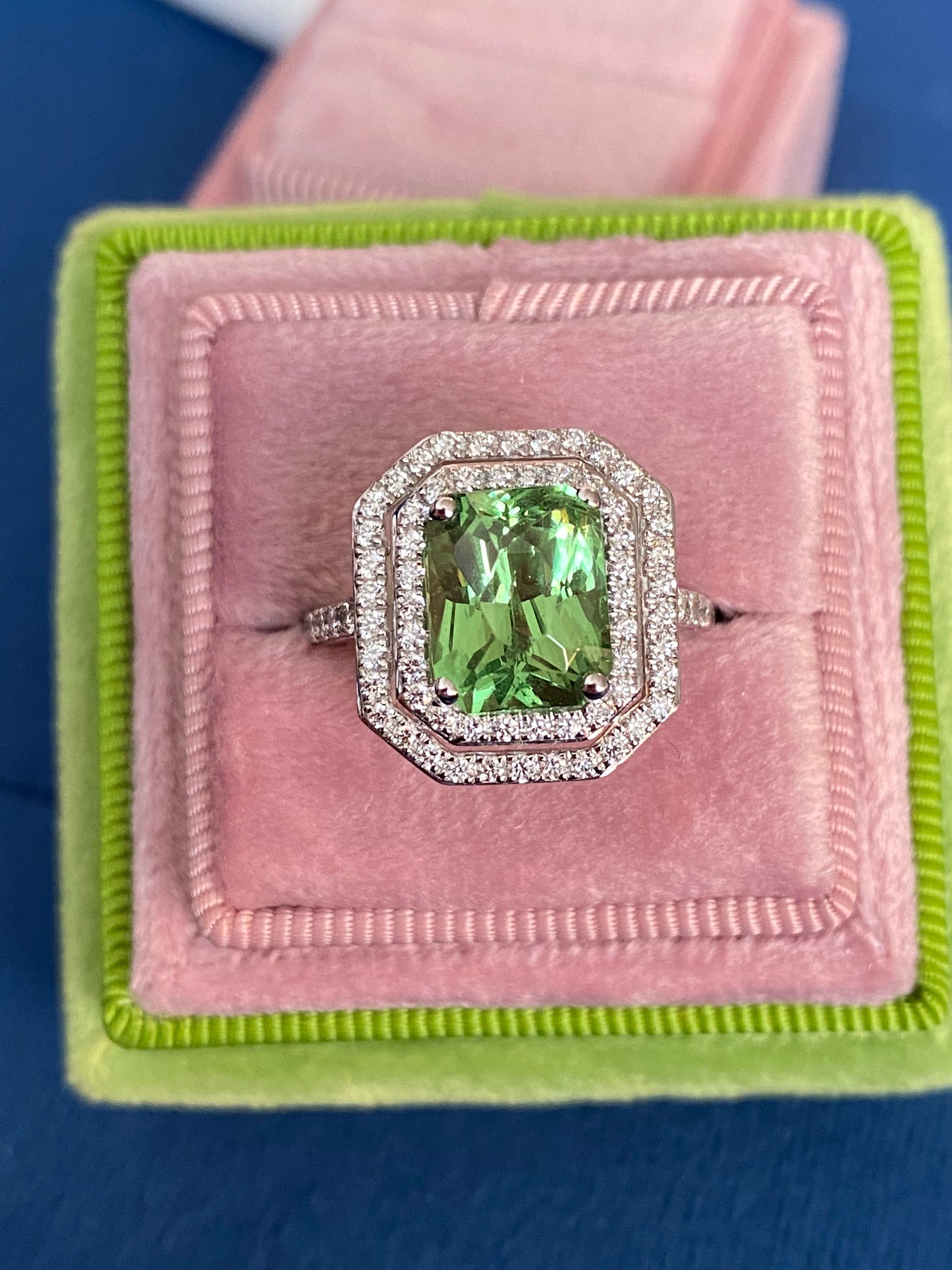 4.57ctw Tsavorite Garnet and Diamond Halo Engagement Ring in Platinum