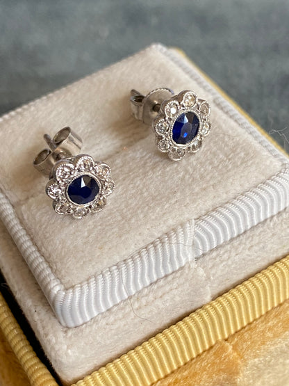 Antique Sapphire and Old Cut Diamond Halo Earrings in 18ct White Gold