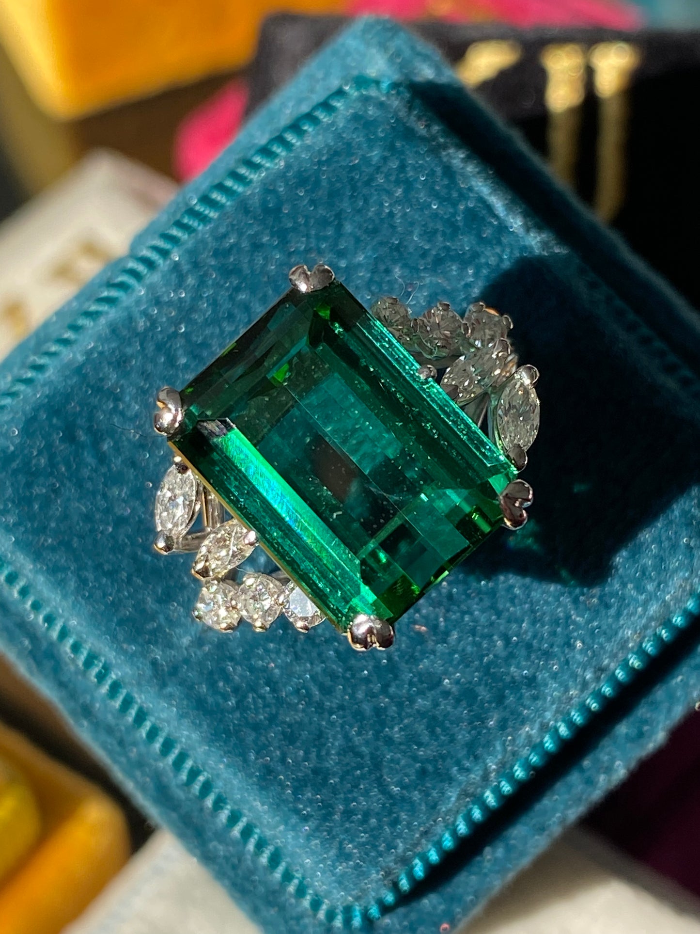 8.00 Carat Emerald Cut Green Tourmaline and Diamond Ring in 18ct White Gold