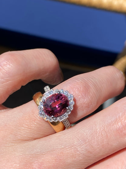 3.13 Carat Cut Pink Tourmaline and Natural Diamond Ring in Platinum