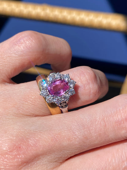 2.65 CTW Oval Cut Pink Sapphire and Natural Diamond Halo Ring in Platinum