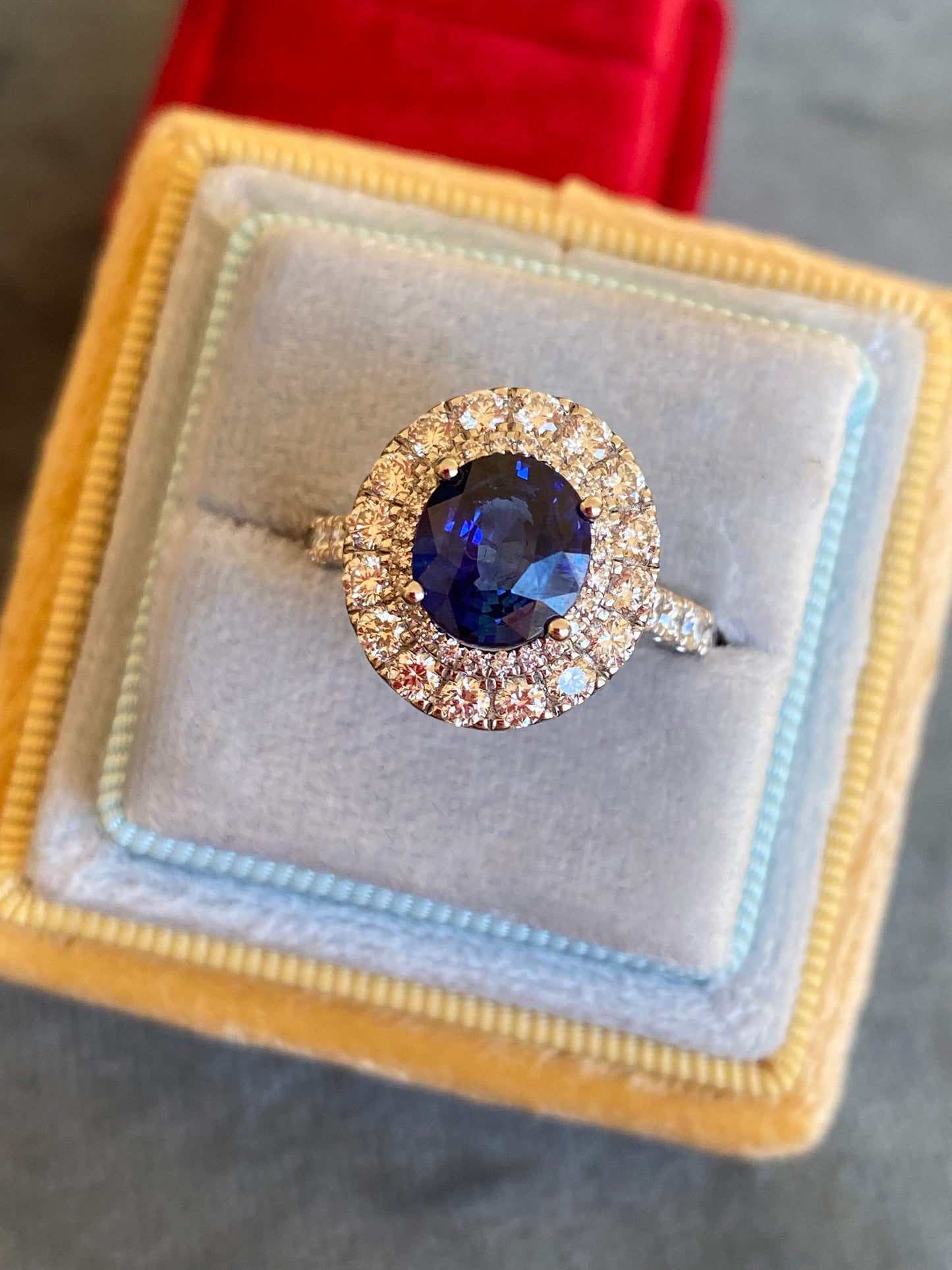 3.33 CTW Blue Ceylon Sapphire and Natural Diamond Halo Ring in Platinum