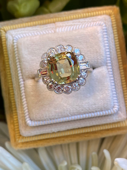 4.13 CTW Cushion Cut Yellow Aquamarine and Natural Diamond Halo Engagement Ring in Platinum