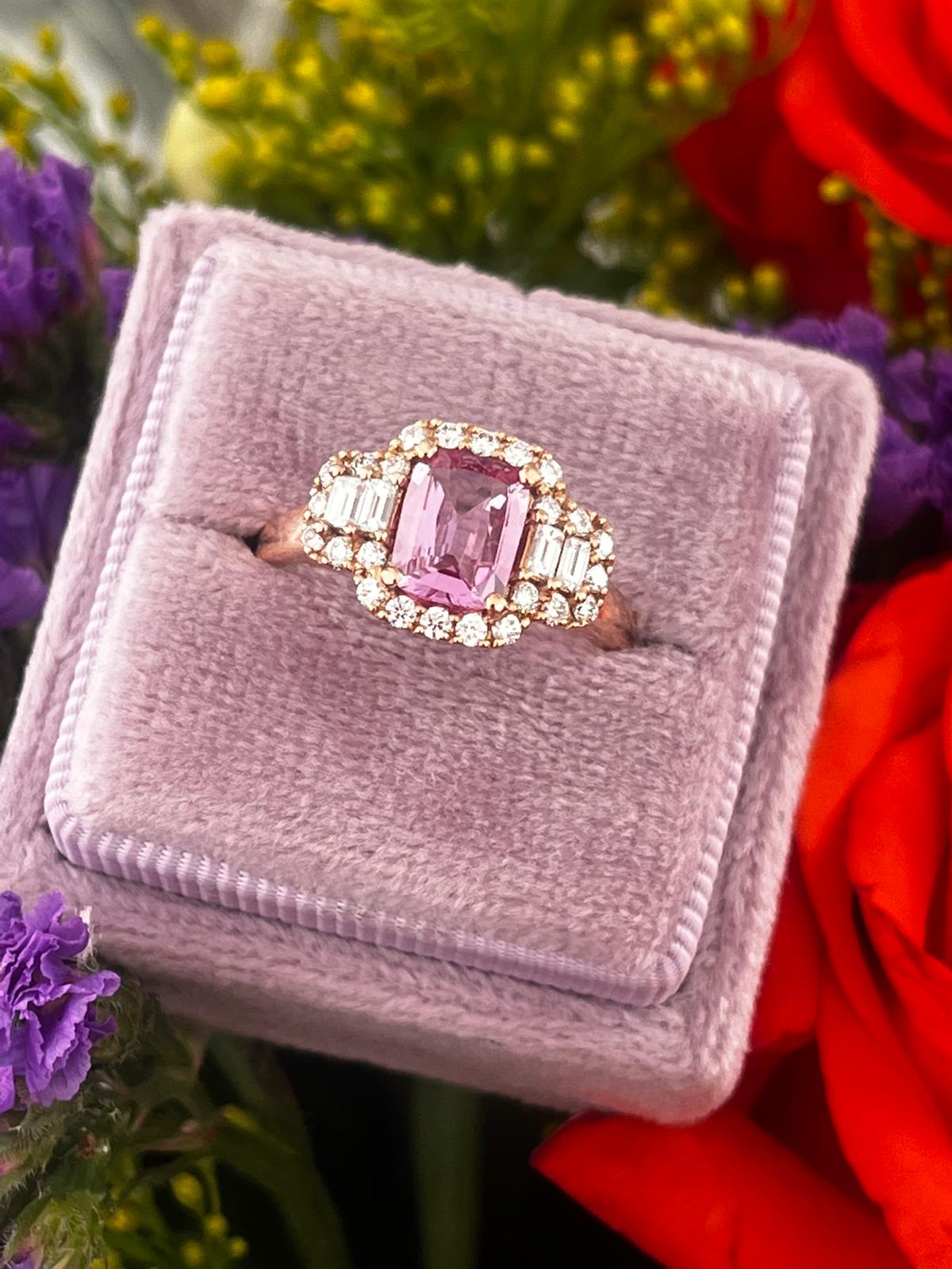 1.52 CTW Cushion Cut Pink Sapphire and Natural Diamond Halo Engagement Ring in 18ct Rose Gold