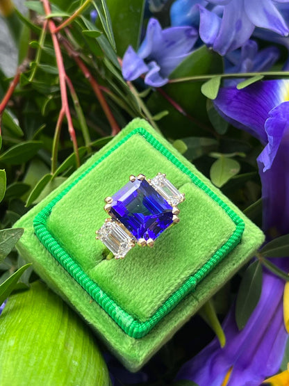 6.79 Carat Emerald Cut Tanzanite and 2.00ctw Diamond Ring in 18ct Yellow Gold