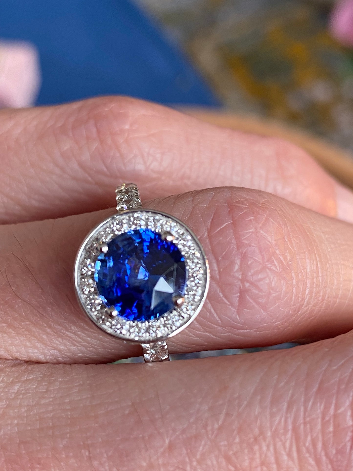 3.65 CTW Blue Ceylon Sapphire and Natural Diamond Double Halo Ring in Platinum