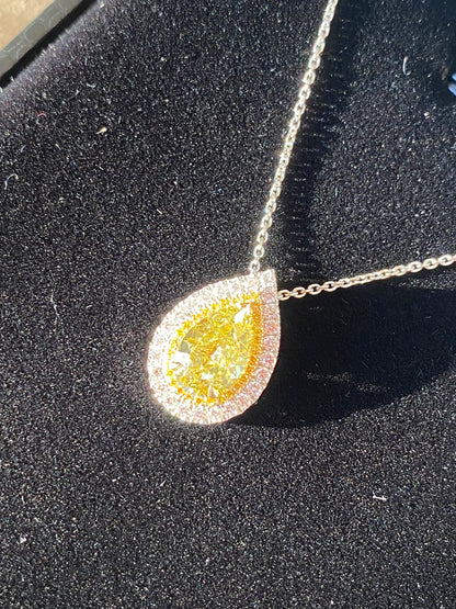 2.00 Carat Fancy Yellow Pear Cut Diamond Halo Necklace in Platinum