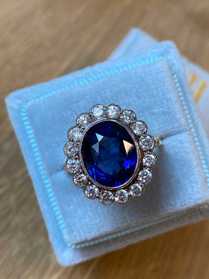 5.35 Carat Blue Ceylon Sapphire and Diamond Halo Ring in 18ct Gold