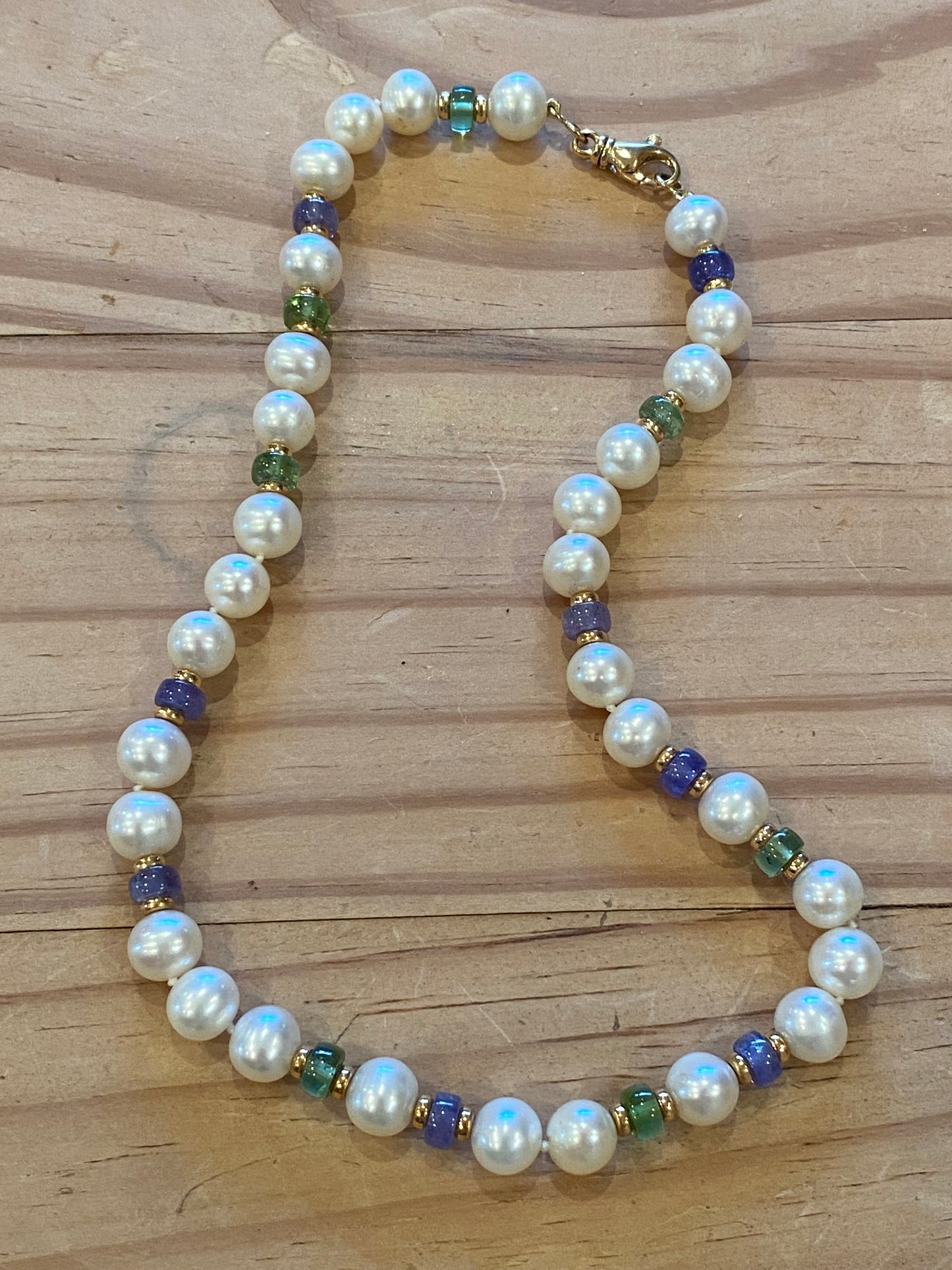 Cultured Pearl, Emerald, and Sapphire Necklace with 18ct Yellow Gold Clasp