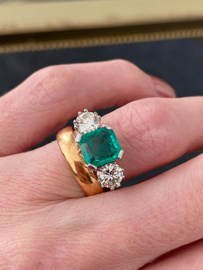 3.50 CTW Colombian Emerald and Diamond Three Stone Engagement Ring in Platinum