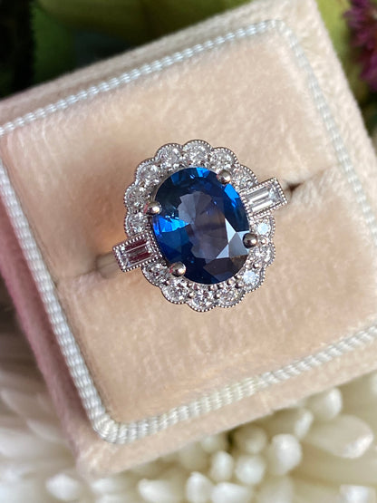 2.79 Carat Blue Ceylon Sapphire and 0.56ctw Natural Diamond Halo Ring in Platinum