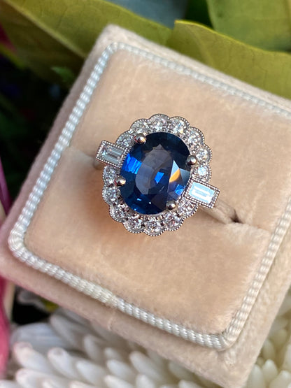 2.79 Carat Blue Ceylon Sapphire and 0.56ctw Natural Diamond Halo Ring in Platinum