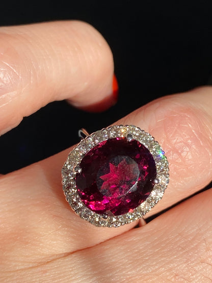 7.50 Carat Rhodolite Garnet and Diamond Halo Cocktail Ring in 18ct White Gold