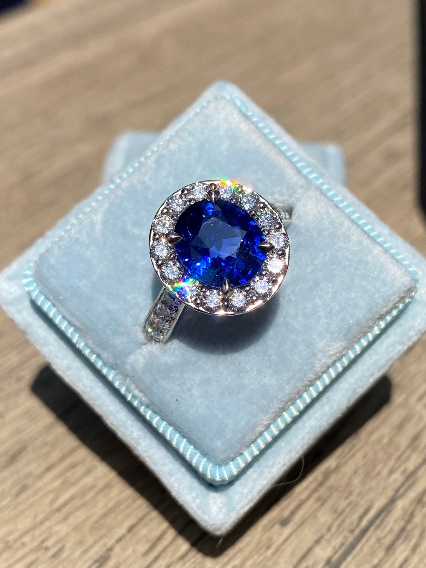 3.01 Carat Blue Ceylon Sapphire and Natural Diamond Halo Ring in Platinum