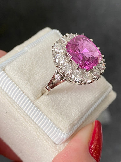 5.51 Carat Cushion Cut Pink Sapphire and 2.10ctw Diamond Halo Ring in Platinum