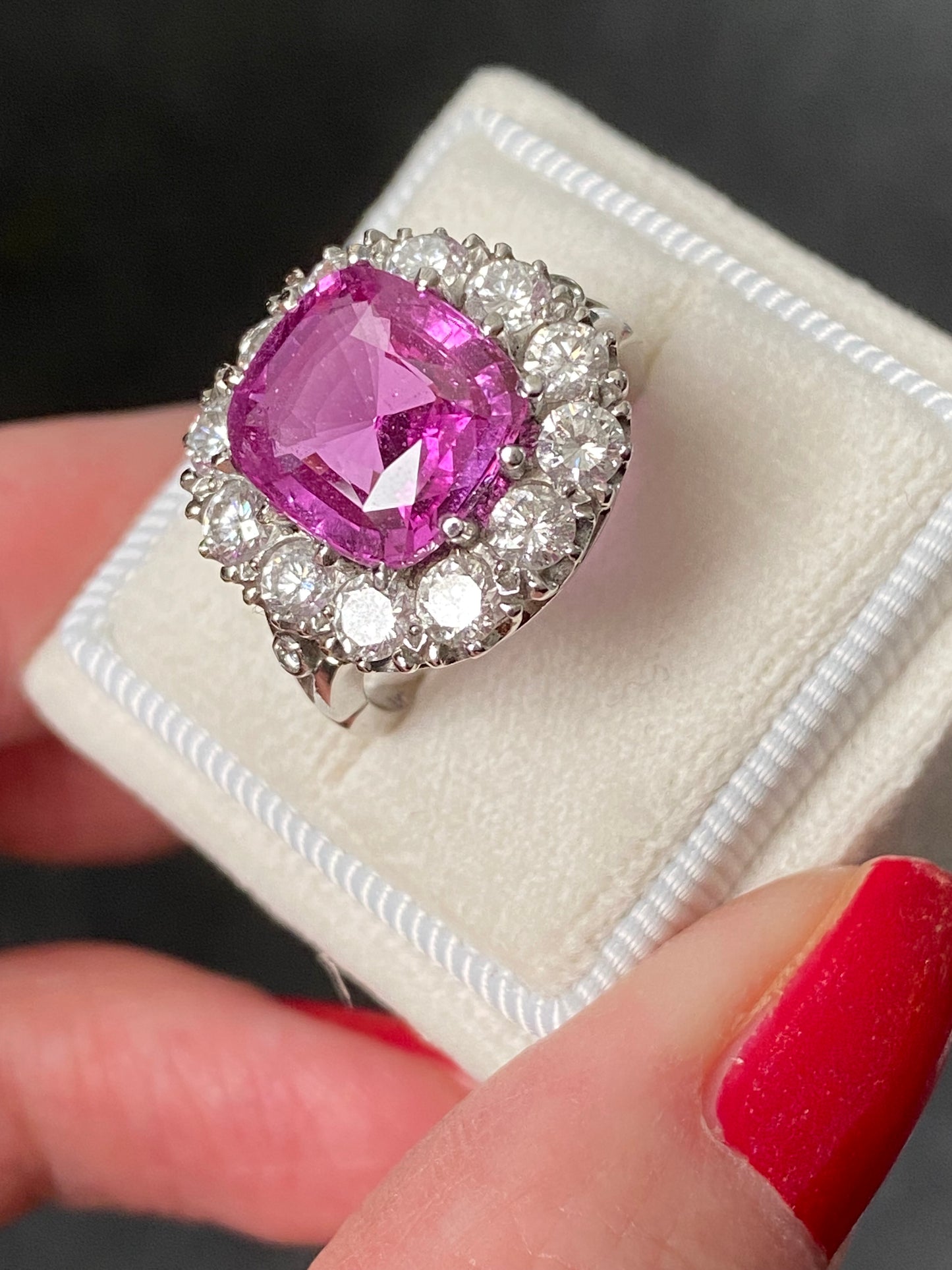 5.51 Carat Cushion Cut Pink Sapphire and 2.10ctw Diamond Halo Ring in Platinum