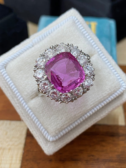 5.51 Carat Cushion Cut Pink Sapphire and 2.10ctw Diamond Halo Ring in Platinum