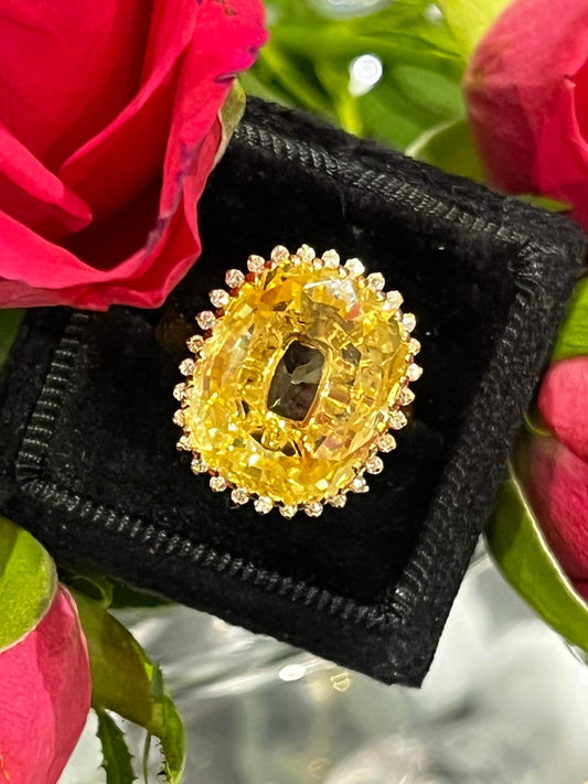 Masterpiece 19.23 Carat Certified Antique Unheated Yellow Sapphire and Diamond Ring