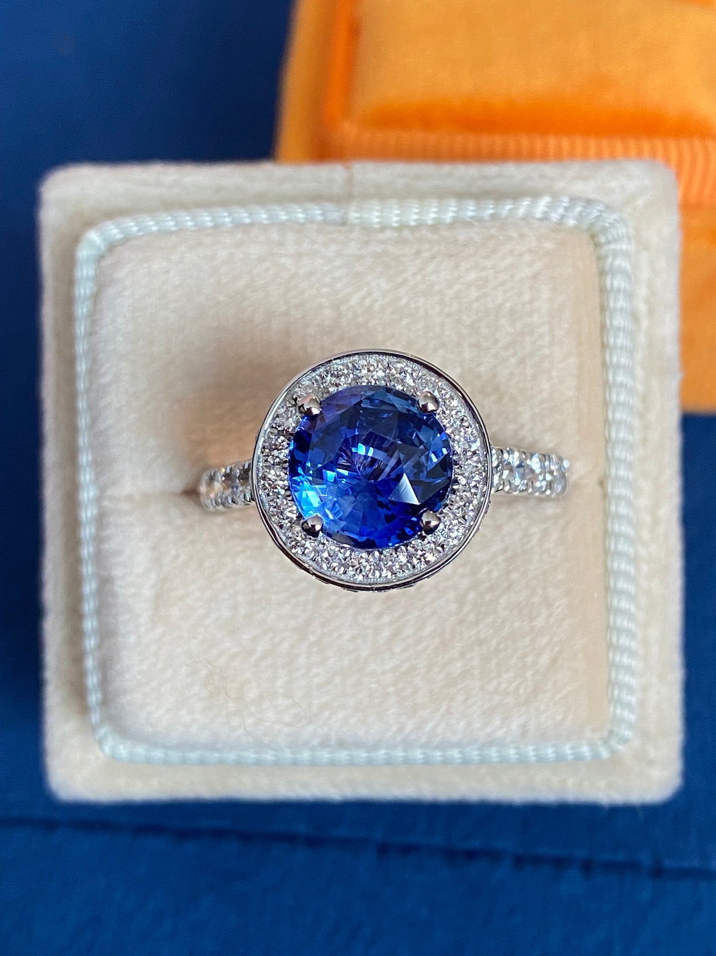 3.65 CTW Blue Ceylon Sapphire and Natural Diamond Double Halo Ring in Platinum