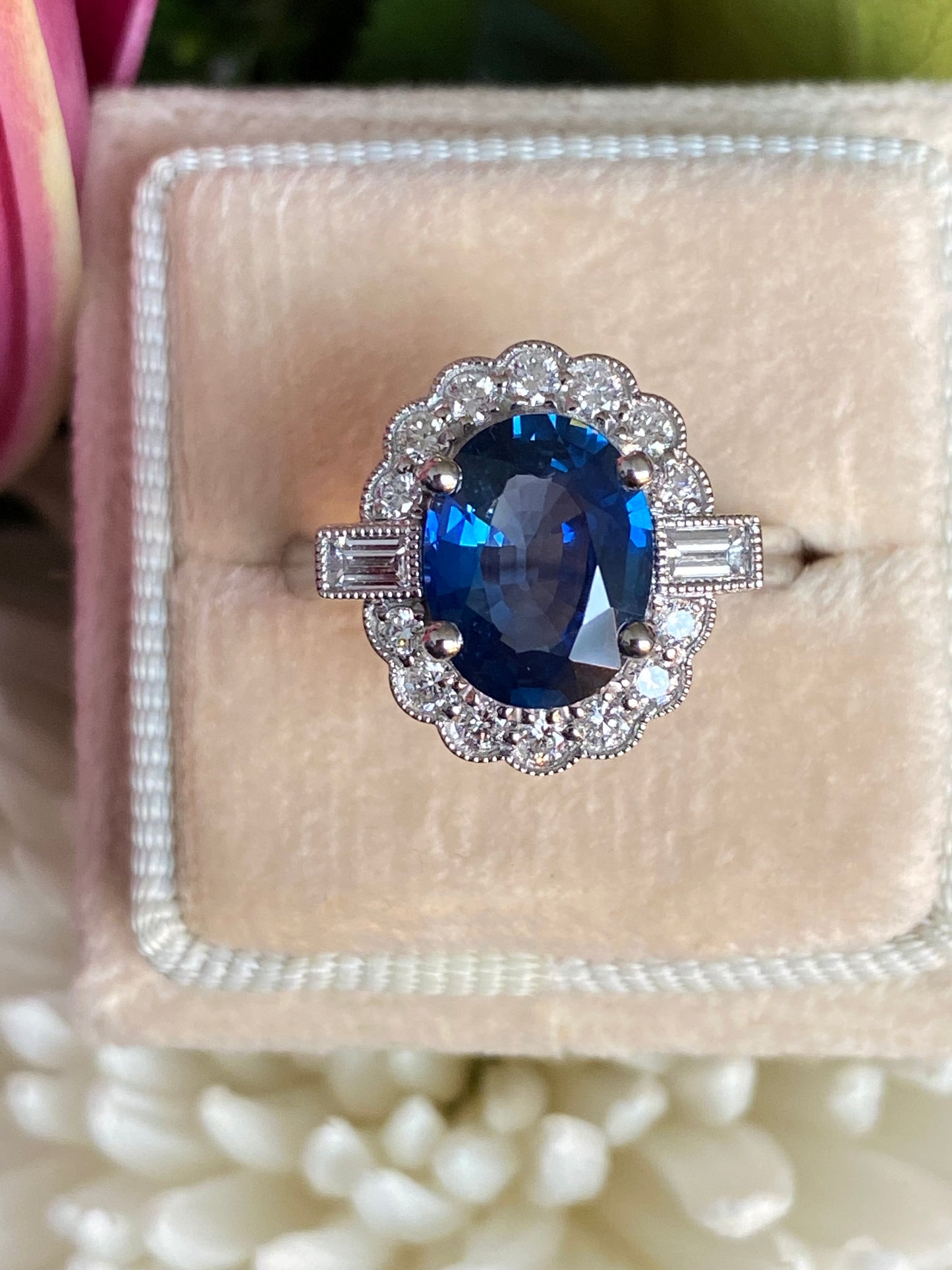 2.79 Carat Blue Ceylon Sapphire and 0.56ctw Natural Diamond Halo Ring in Platinum