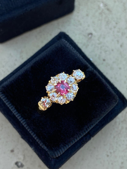 1.20 CTW Antique Ruby and Diamond Halo Ring in 18ct Yellow Gold