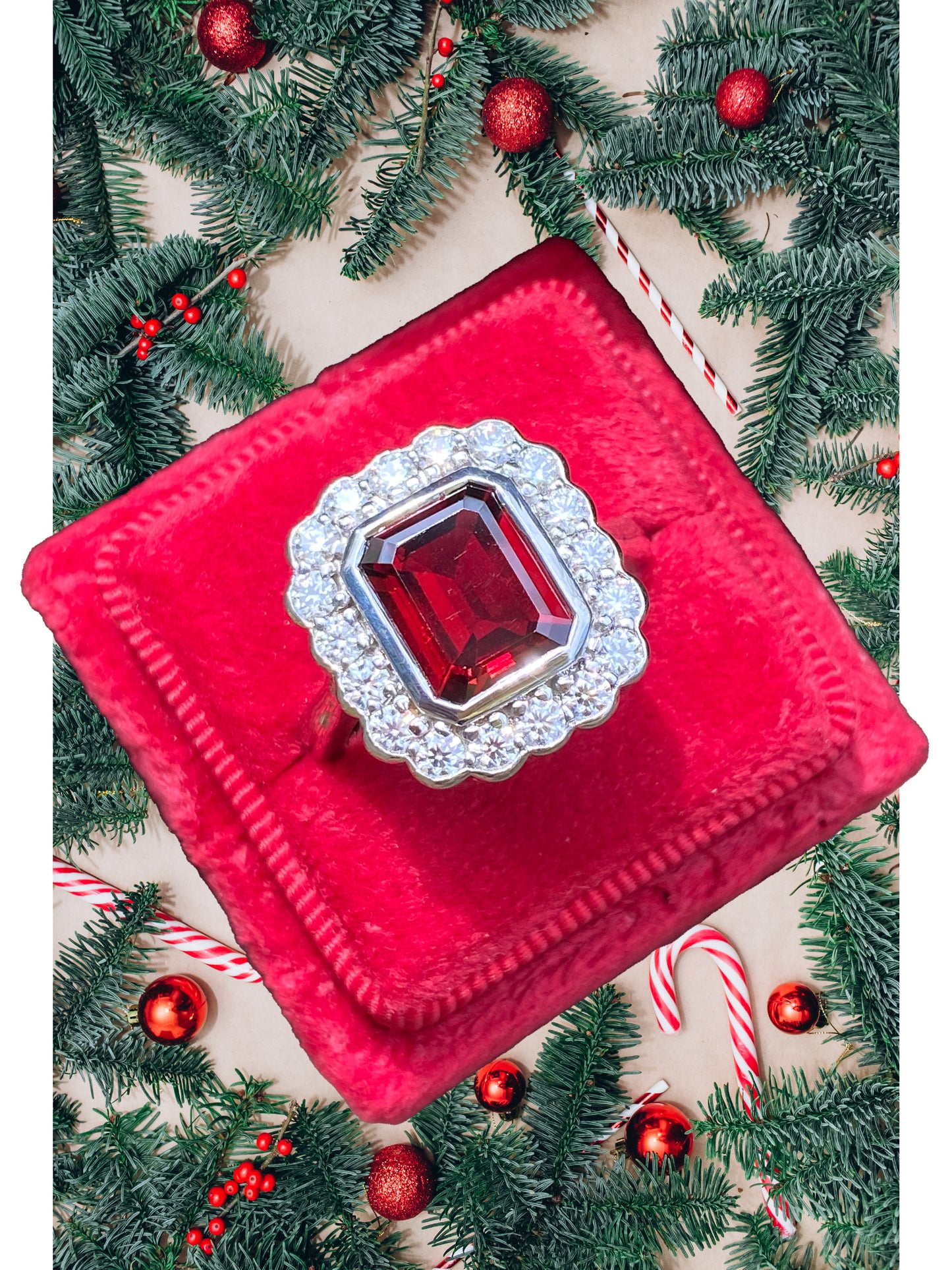 4.25 CTW Emerald Cut Garnet and Moissanite Halo Cocktail Ring in Sterling Silver