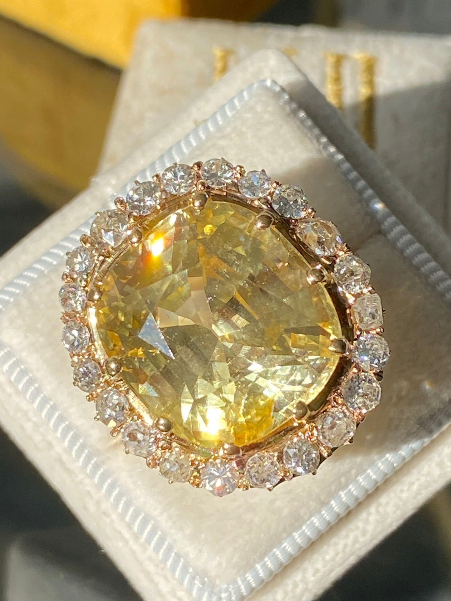 23.62 Carat Certified Unheated Yellow Sapphire and Old Cut Diamond Antique Ring