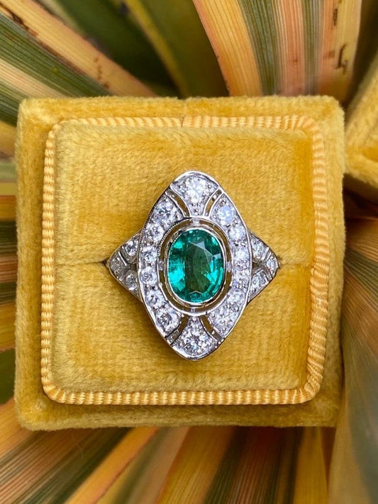 1.50 Carat Emerald and Diamond Art Deco Ring in Platinum