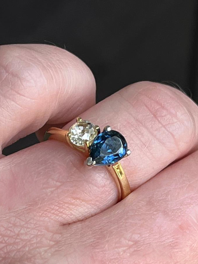 1.49 CTW Antique Diamond and Blue Sapphire Toi et Moi Ring in 18ct Gold