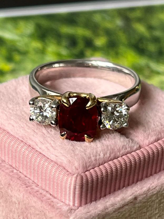 1.93 Carat Oval Ruby and Diamond Three-Stone Engagement Ring 18ct White and Yellow Gold