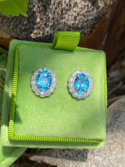 4.71 CTW Oval Cut Blue Topaz and Moissanite Earrings in Sterling Silver