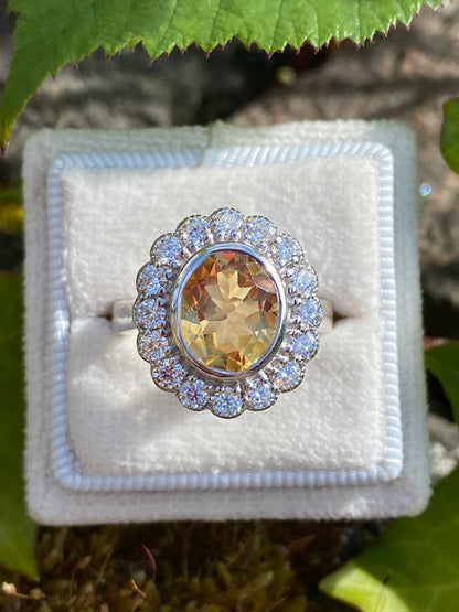 4.45 CTW Oval Cut Citrine and Moissanite Halo Cocktail Ring in Sterling Silver