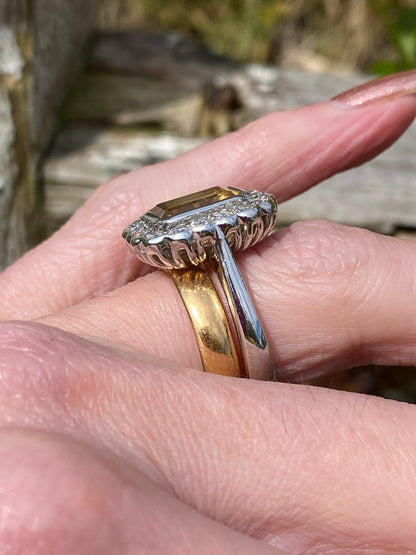 4.25 CTW Emerald Cut Citrine and Moissanite Halo Cocktail Ring