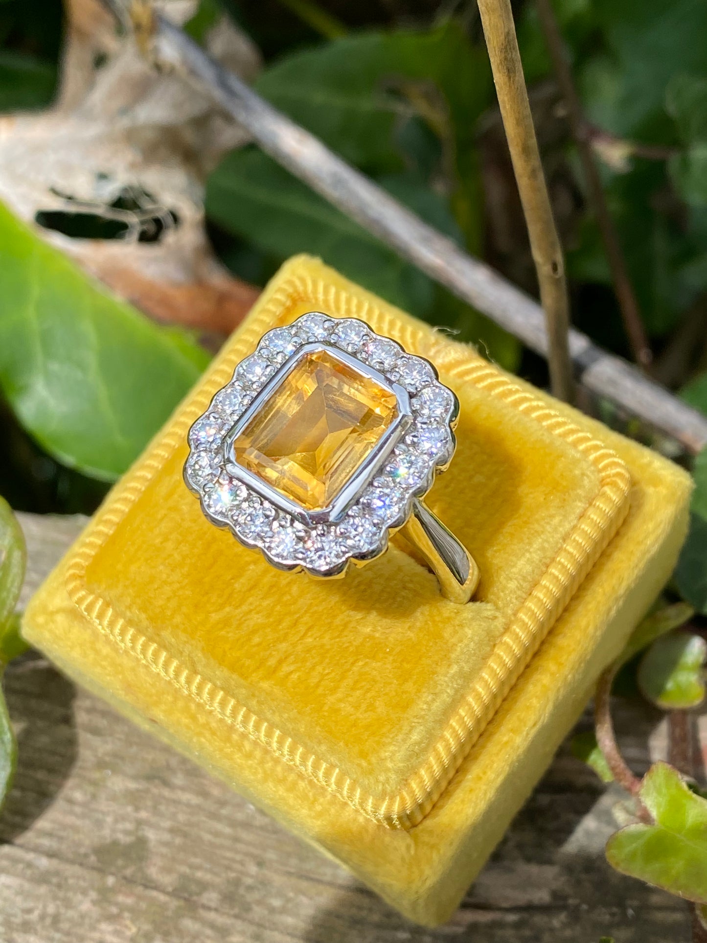 4.25 CTW Emerald Cut Citrine and Moissanite Halo Cocktail Ring