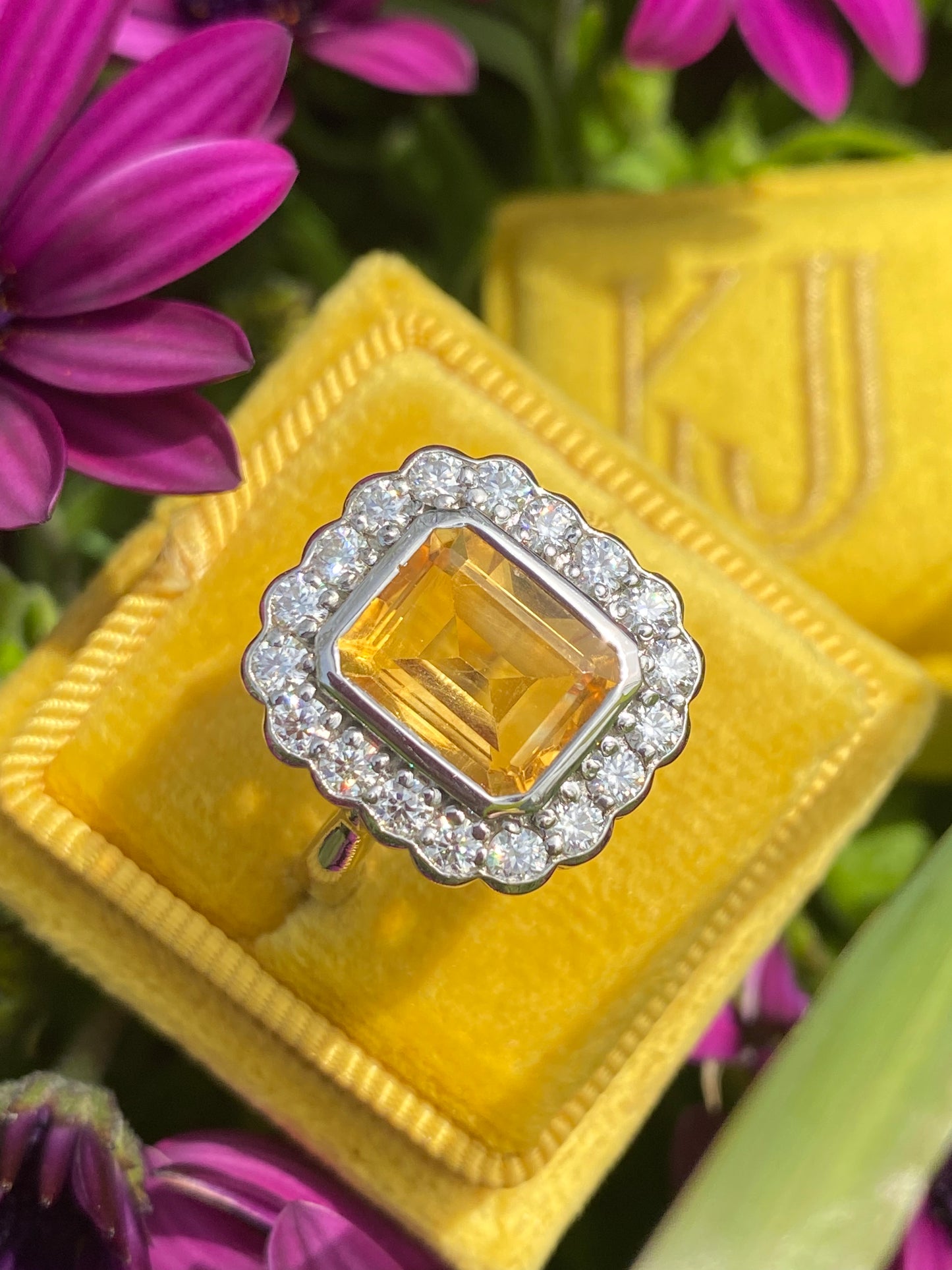 4.25 CTW Emerald Cut Citrine and Moissanite Halo Cocktail Ring