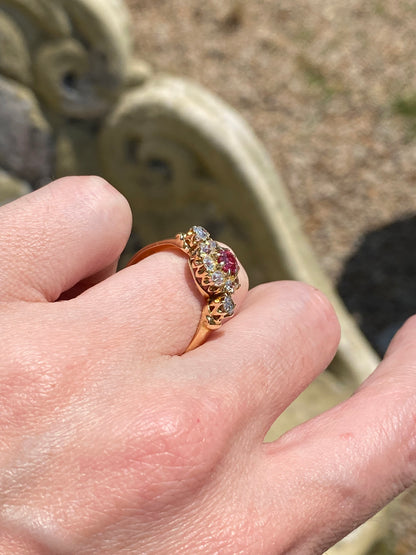 1.20 CTW Antique Ruby and Diamond Halo Ring in 18ct Yellow Gold