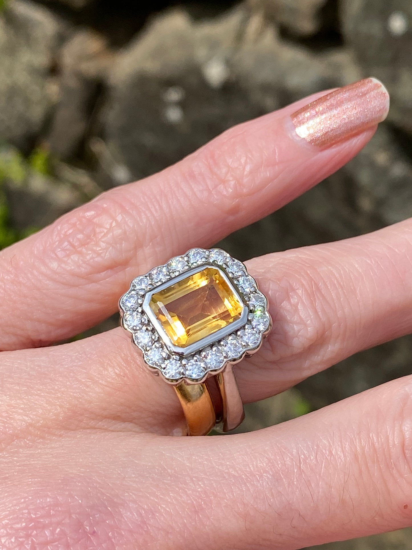 4.25 CTW Emerald Cut Citrine and Moissanite Halo Cocktail Ring