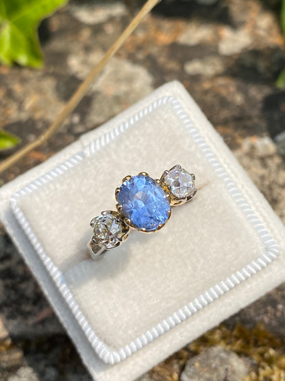 1.76 Carat Blue Ceylon Sapphire and Old Cut Diamond Three Stone Ring in 18ct Gold