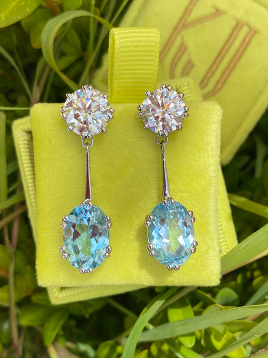 21.60 CTW Oval Cut Blue Topaz and Moissanite Drop Earrings in Sterling Silver