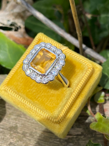 4.25 CTW Emerald Cut Citrine and Moissanite Halo Cocktail Ring