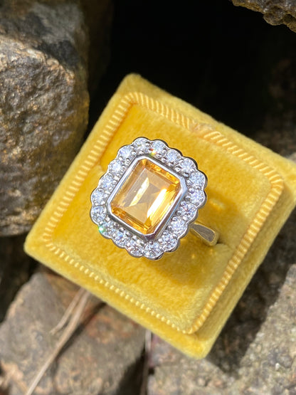 4.25 CTW Emerald Cut Citrine and Moissanite Halo Cocktail Ring