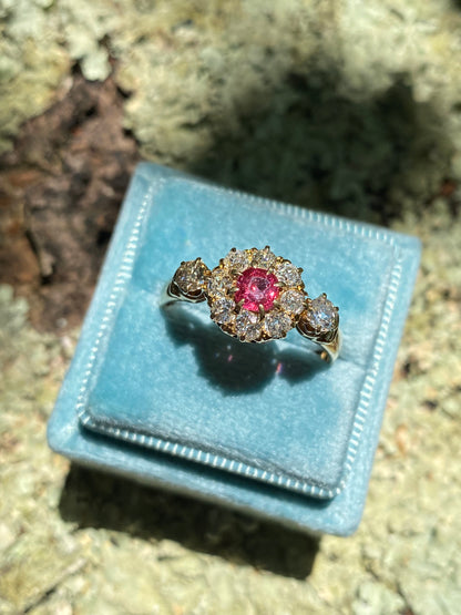 1.20 CTW Antique Ruby and Diamond Halo Ring in 18ct Yellow Gold