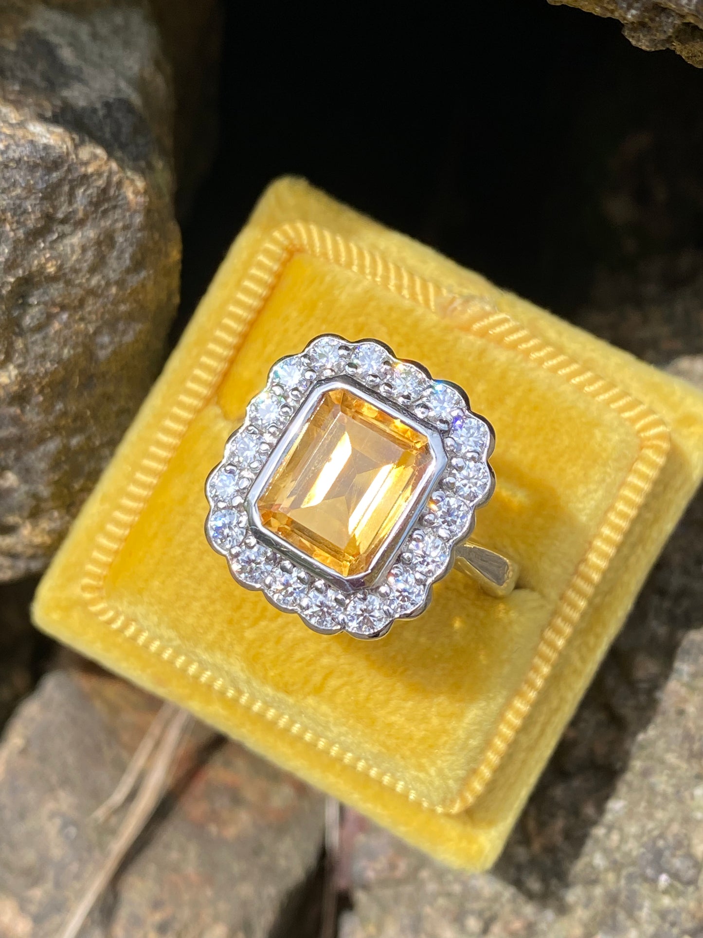 4.25 CTW Emerald Cut Citrine and Moissanite Halo Cocktail Ring