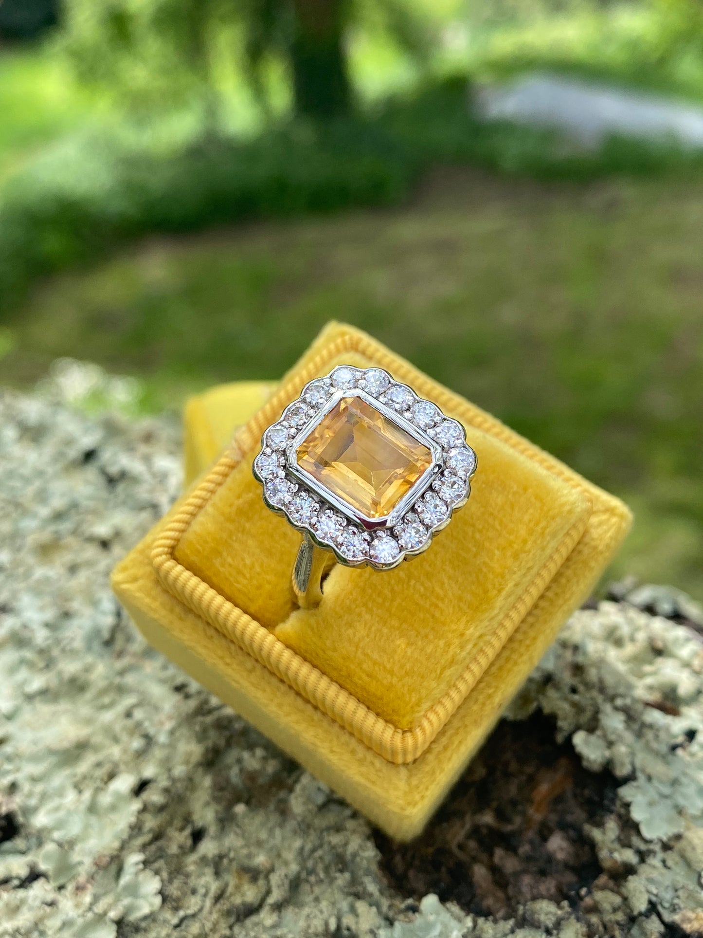 4.25 CTW Emerald Cut Citrine and Moissanite Halo Cocktail Ring