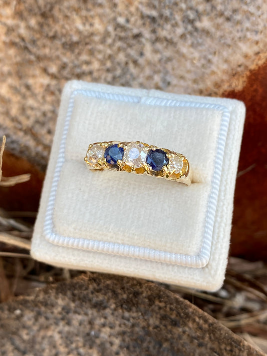 Antique Blue Sapphire and Old Cut Diamond Ring in 18ct Yellow Gold