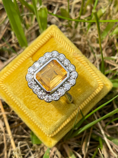 4.25 CTW Emerald Cut Citrine and Moissanite Halo Cocktail Ring