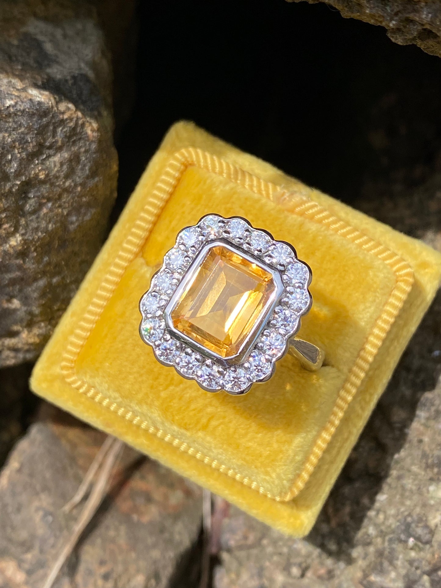 4.25 CTW Emerald Cut Citrine and Moissanite Halo Cocktail Ring