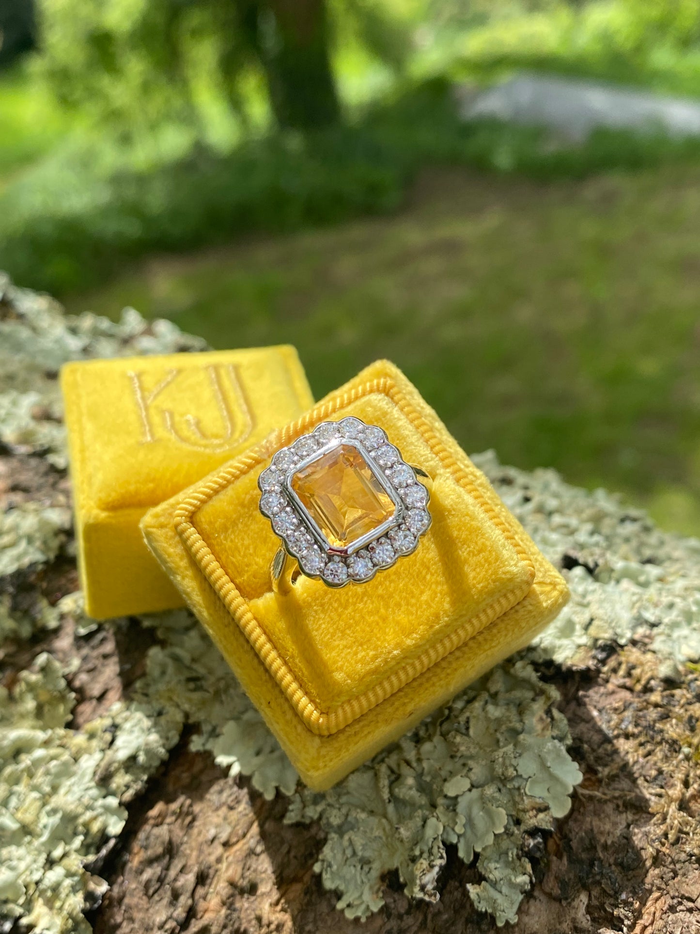 4.25 CTW Emerald Cut Citrine and Moissanite Halo Cocktail Ring